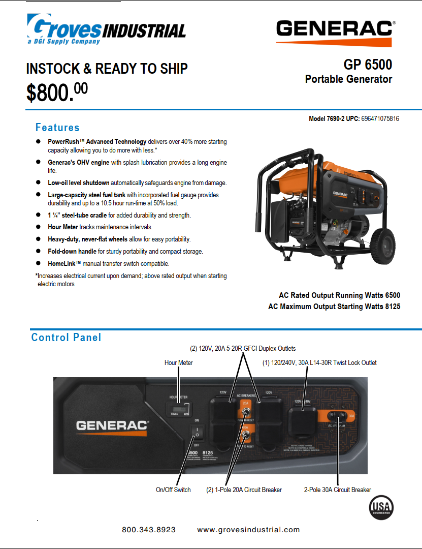 Generac GP6500 Spec Sheet